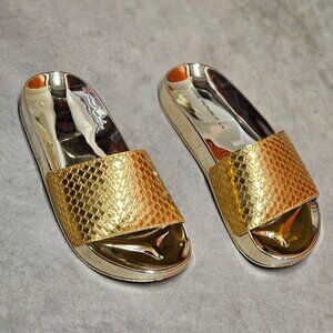 Metallic Gold Snake Pattern Slide Sandals With Reflective Sole - Stylish & Comfo